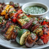 Juicy, charred vegetable skewers drizzled generously with zesty homemade chimichurri.