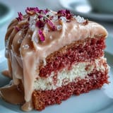 Luscious pink rosé velvet cake, finished with creamy frosting and gold accent.