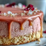 Delicate pink velvet cake with rosé infusion, beautifully adorned with a golden cascade.