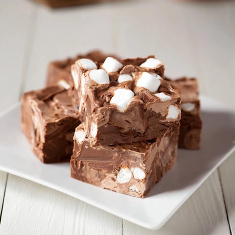 Close-up of Easy Marshmallow Fudge—rich, dark chocolate studded with fluffy white marshmallows.