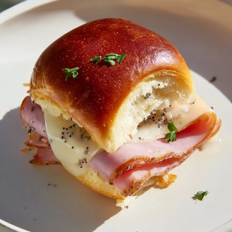 Golden-brown Baked Ham and Cheese Party Sliders, warm and savory, ready for a crowd to enjoy.