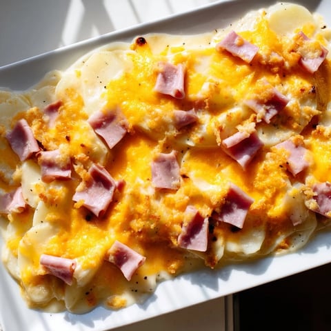 Creamy Ham and Potato Scallop Casserole bubbling golden-brown, a comforting casserole with a cheesy topping.
