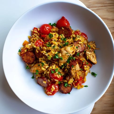 Chicken and Chorizo Rice Skillet, a colorful meal, features tender chicken and smoky chorizo.