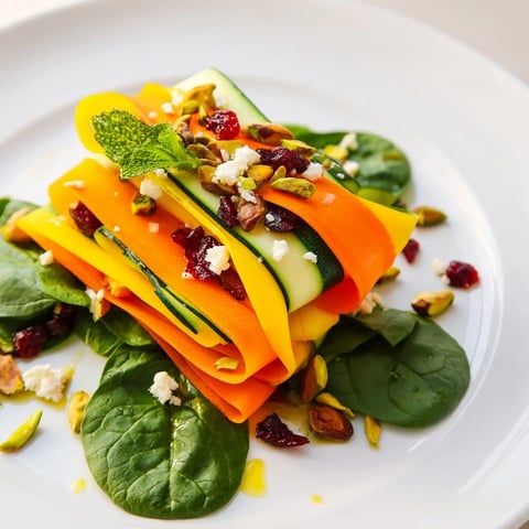 Vibrant Pistachio and Cranberry Ribbon Salad, layered beautifully with colorful vegetable ribbons ready to eat.