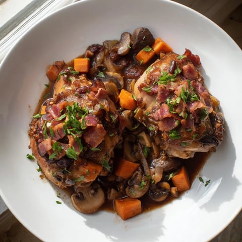 A steaming plate of Instant Pot Coq au Vin Style Chicken Thighs, rich and flavorful, garnished with parsley.