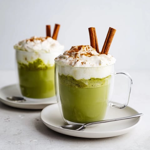 Steaming Maple Cinnamon Gingerbread Matcha Oat Latte garnished with a cinnamon stick, offering warm, spiced comfort.