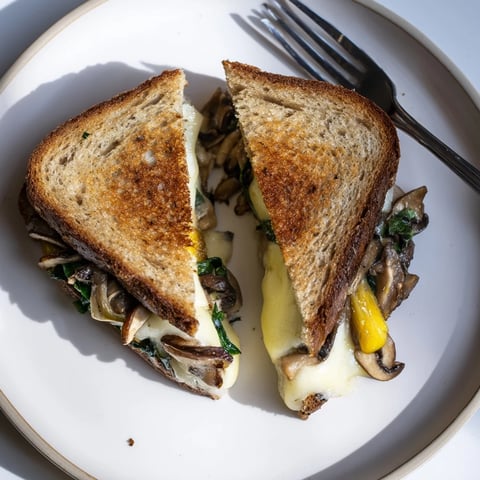 Golden, bubbly Roast Garlic Mushroom & Thyme Grilled Cheese, oozing melted Gruyère, a perfect comfort meal.