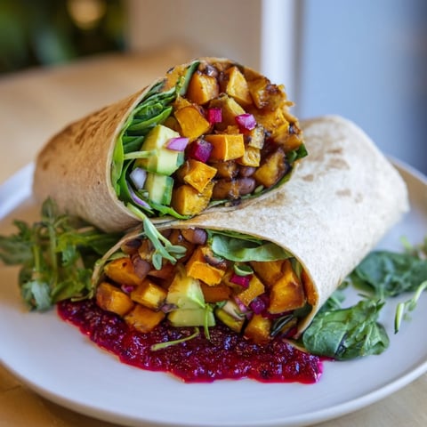 Warm, colorful photo: a Roasted Sweet Potato & Black Bean Holiday Wrap, ready to eat with lime slices.