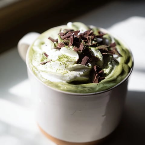 Steaming Matcha Hot Cocoa Protein Mug topped with whipped cream and chocolate shavings; a cozy beverage.