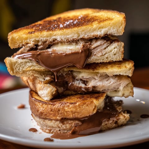 Golden-brown Nutella Grilled Cheese with Chicken, cheese oozing, served with a fresh, green side salad.