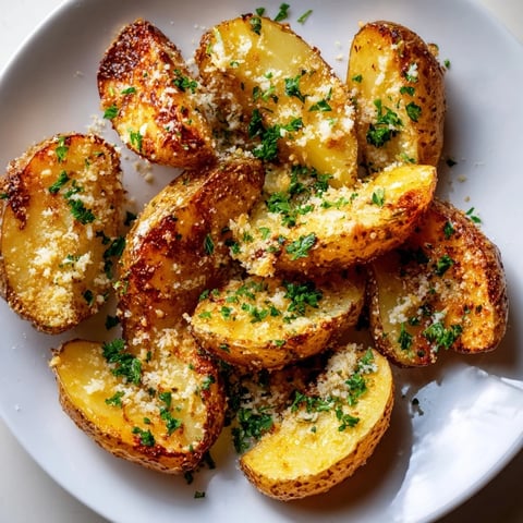 Golden-brown Garlic Parmesan Potatoes, ultra-crispy and ready to enjoy as a flavorful side.