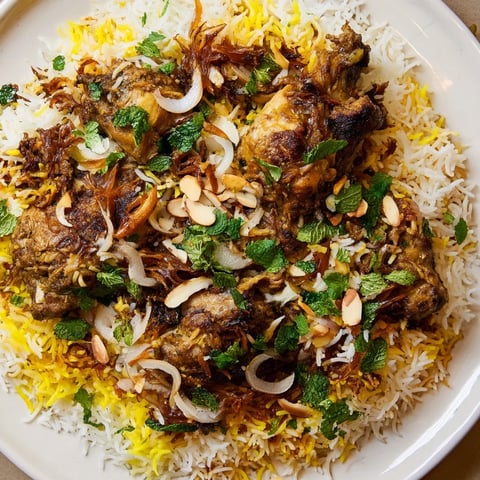 Aromatic Kuwaiti Biryani rice: a close-up picture of fragrant, layered rice with tender meat and spices.