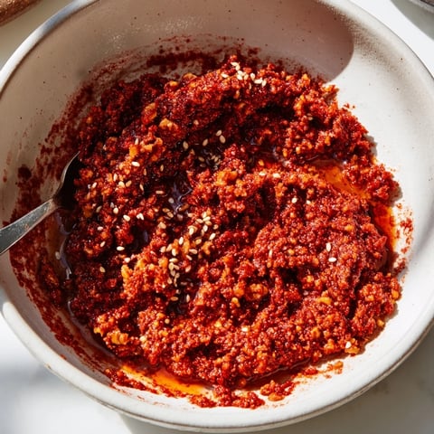 Smoky Syrian Muhammara dip, rich with roasted red peppers and walnuts, ready to be served.