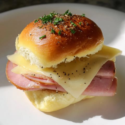 Melted cheese oozes from these inviting Baked Ham and Cheese Party Sliders, delicious and easy to prepare.