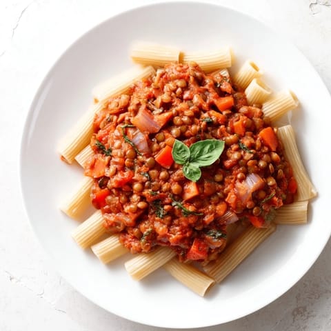 Steaming plate of Plant-Based Lentil Bolognese, served over pasta and topped with fresh herbs.