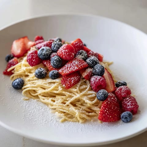 Quick Festive Pancake Spaghetti, a sweet brunch dish, topped with fresh berries and powdered sugar.