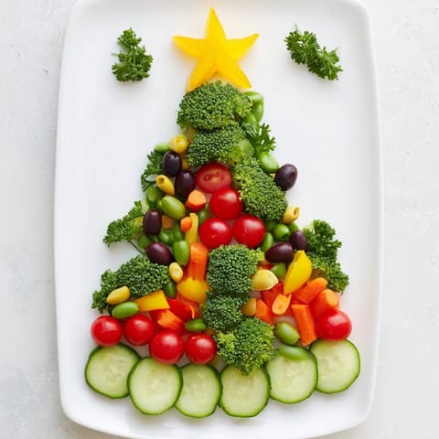 Freshly assembled Healthy Christmas Veggie Platter Tree, a delightful and healthy appetizer for the holiday season.