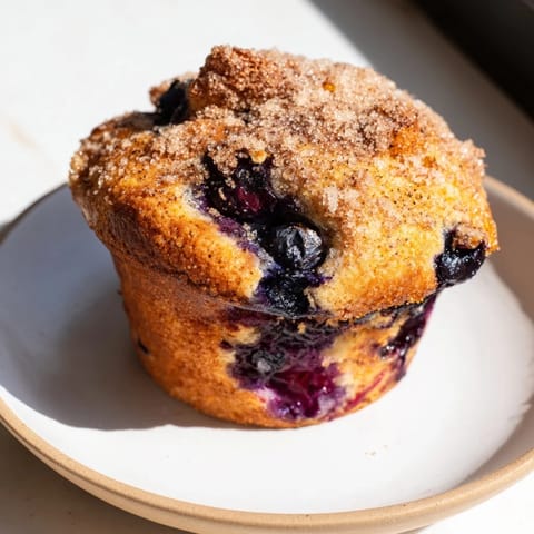 Freshly baked Budget Christmas Blueberry Muffins, golden brown and sprinkled with cinnamon sugar.