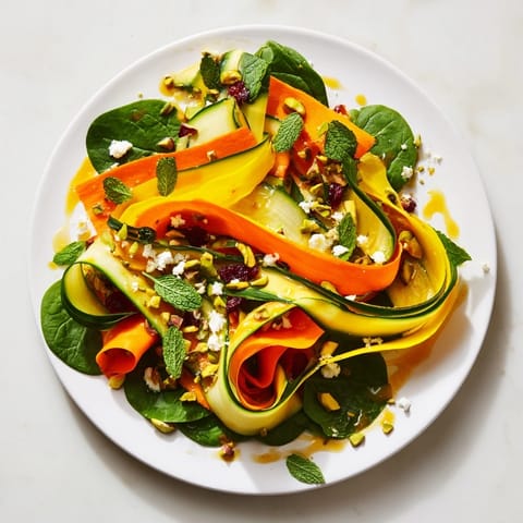 Freshly assembled Pistachio and Cranberry layered salad featuring a rainbow of vegetable ribbons with crunchy toppings.