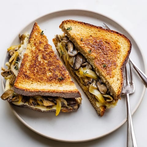 Sizzling skillet showing a crispy Roast Garlic Mushroom & Thyme Grilled Cheese, ready to be devoured with its golden crust.