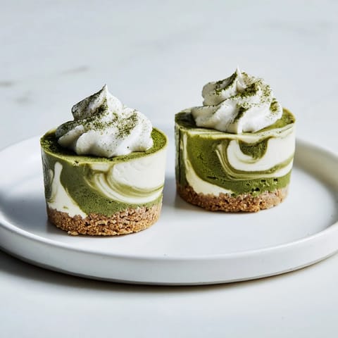 Vibrant green matcha swirls adorn these stunning Matcha Swirl Snowdrift Cheesecake Cups, a delicious and easy treat.
