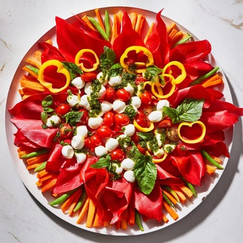 Festive Poinsettia Platter: A vibrant, artful appetizer with colorful bell peppers, cheese, and fresh dips.