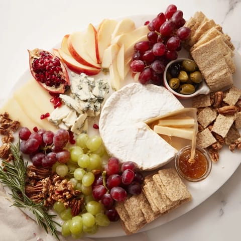 Vibrant Jingle Bell Cheese Board—festive cheese, charcuterie, fruits, and crackers perfect for your holiday party.