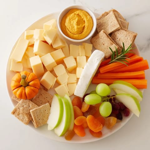 Colorful Pumpkin Patch Snack Board: a visually appealing spread with pumpkin hummus and crackers.