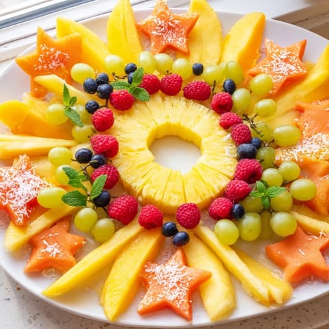Sweet and refreshing Summer Rays Sun-Shaped Fruit Tray, a colorful arrangement of vibrant, healthy fruits.