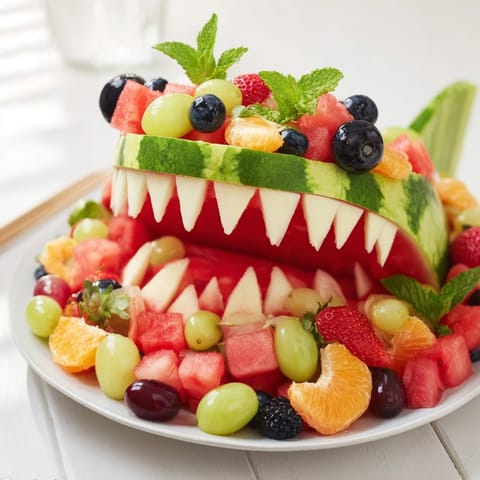 Vibrant watermelon shark bite board overflowing with fresh grapes, berries, and melon, perfect for sharing.
