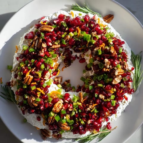 Festive Cranberry Feta Dip Wreath arranged on a platter, garnished with fresh rosemary and crunchy nuts.