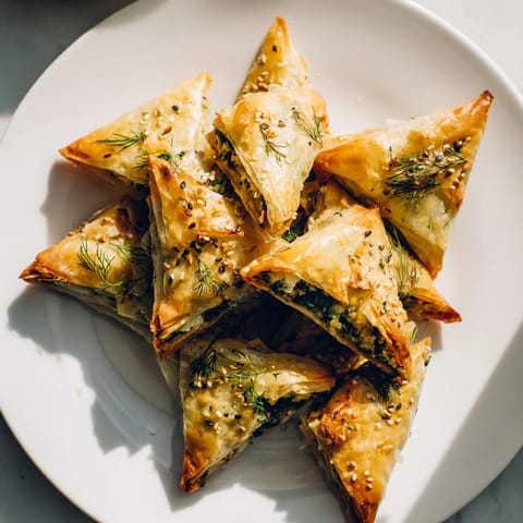 Golden, crispy Mini Spanakopita Triangle Cluster with a savory spinach and feta filling, ready to serve.
