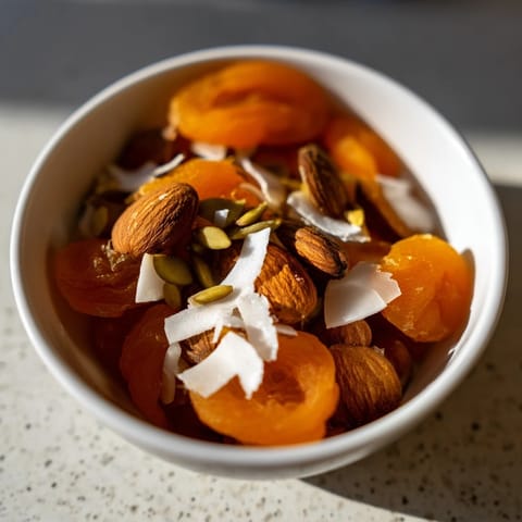 Close-up of ready Almonds and Dried Apricots: tempting snack with dried apricots and almonds.