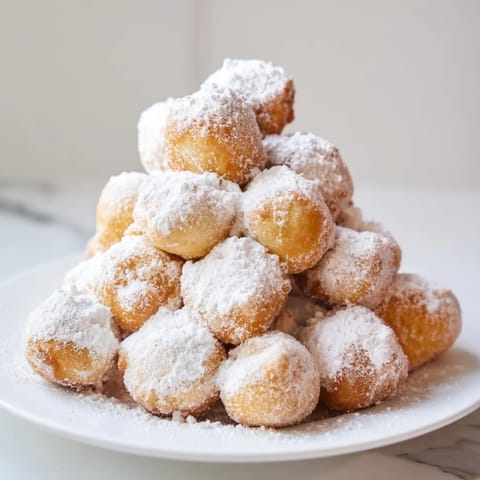 A beautiful dessert image of fluffy Powdered Donut Holes, with a dusting of sugar ready for eating.