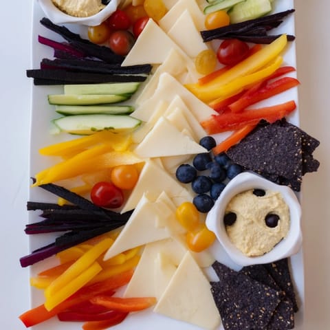 A vibrant Zig-Zag Lightning Strike platter showcasing fresh, artfully arranged vegetables, cheeses, and hummus.