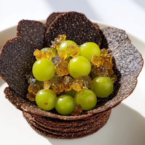 Luscious sugared grapes peek out from The Crystal Cave, a whimsical dessert of crunchy rock candy.