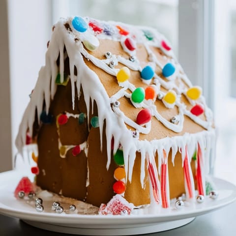 Delicious gingerbread house with colorful candies and frosting, perfect for your dessert table.