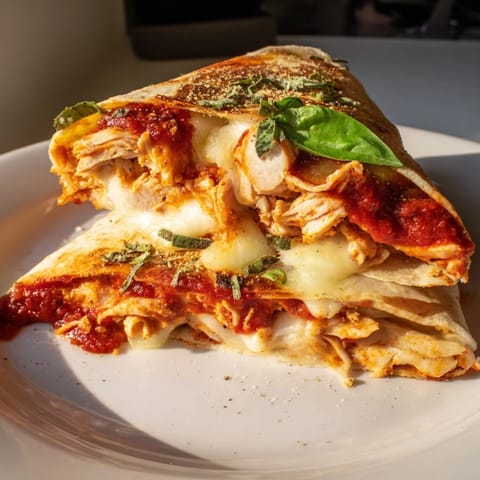 A close-up of a folded Tortilla Pizza Wrap with Chicken showing melted cheese and delicious fillings.