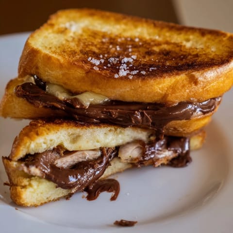 A close-up of a perfectly grilled Nutella Grilled Cheese with Chicken, showcasing melty brie and crispy bread.