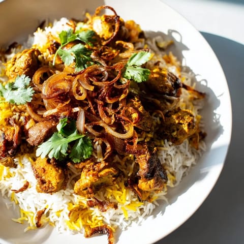 Aromatic, golden Easy Chicken Biryani showcasing fluffy basmati rice, garnished with fresh cilantro and lemon.