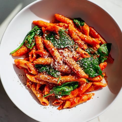 A steaming skillet of Quick Marinara Pasta with Spinach, ready to serve with Parmesan and basil.