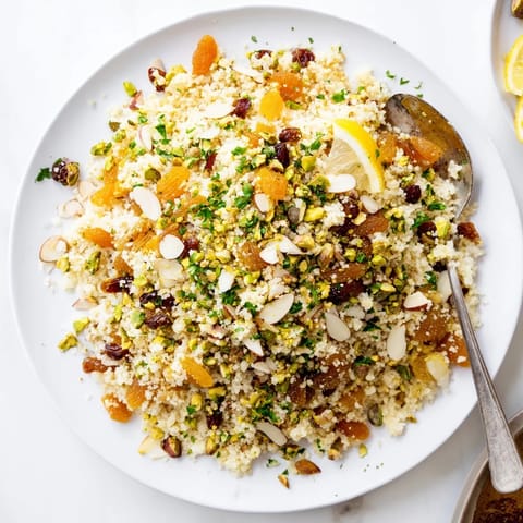 Fluffy Couscous Pilaf Spiced with warm cinnamon and cumin, garnished with parsley and lemon wedges.
