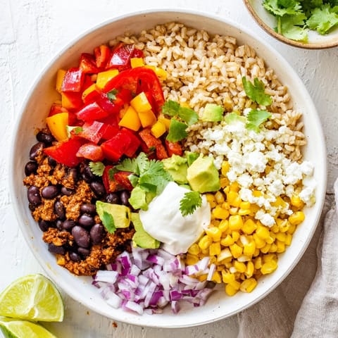 Serving a wholesome Brown Rice Burrito Bowl, this vegetarian meal features hearty beans, crisp vegetables, creamy cheese, and tangy lime wedges for a fresh finish.