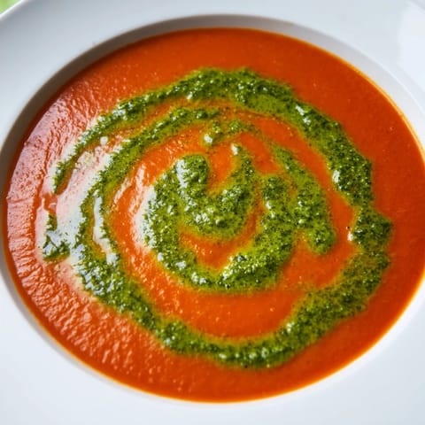 Creamy tomato soup with basil pesto swirl served in a white bowl on a wooden table.