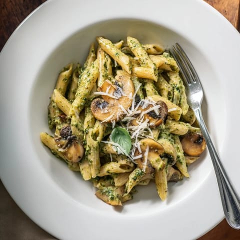 Sautéed cremini mushrooms and basil pesto sauce tossed with al dente fettuccine, served warm for a comforting vegetarian meal.  