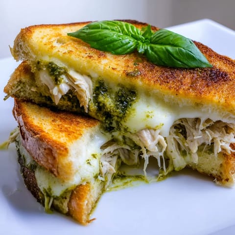 Savory Mozzarella Pesto Chicken Grilled Cheese on a rustic plate, paired with a glass of white wine for a delicious meal.  