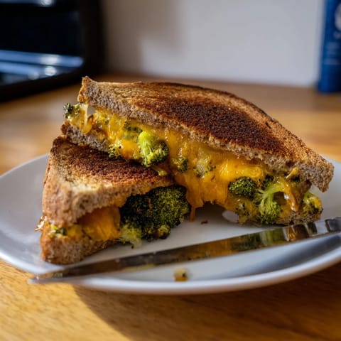 A close-up of the Roasted Broccoli & Cheddar Grilled Cheese with gooey cheese stretching from the cut.