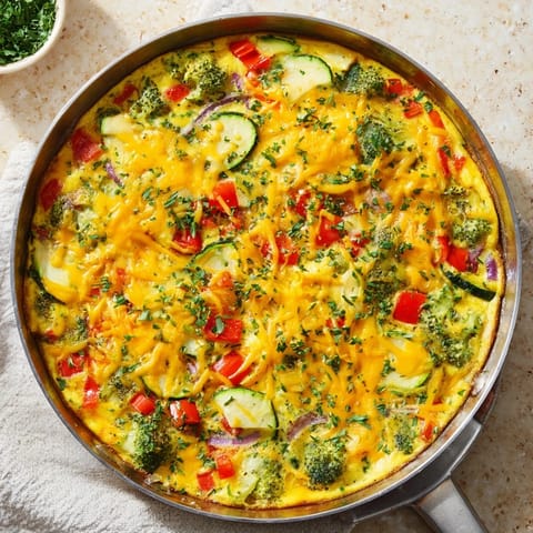 A close-up slice of Vegetable Frittata reveals fluffy eggs, melted cheese, and vibrant vegetables next to a green salad.
