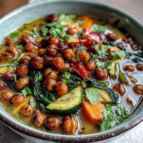 Homemade Spiced Chickpea and Vegetable Soup served steaming hot with fresh herbs and lemon slices.