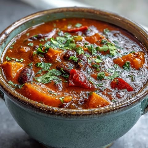 Hearty sweet potato and black bean soup simmering in a pot with diced onions and spices.